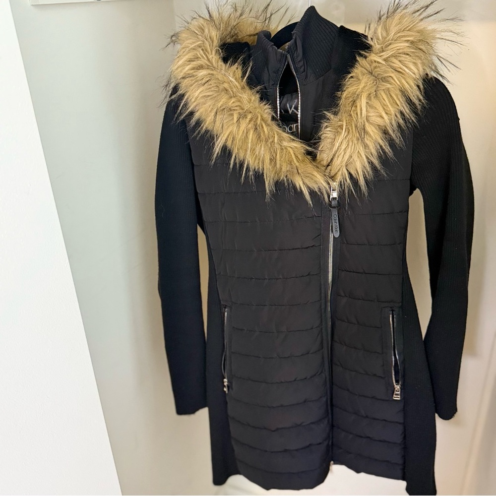 Calvin Klein Black Puffer Coat with Fur Trim